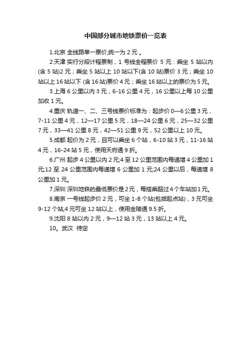 中国部分城市地铁票价一览表