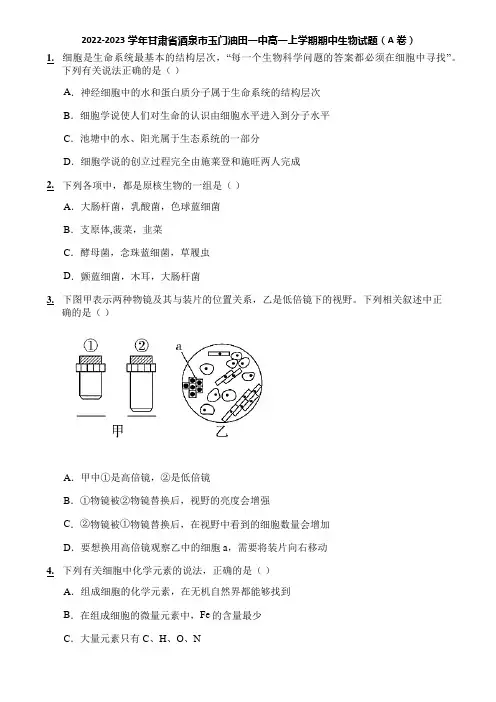 2022-2023学年甘肃省酒泉市玉门油田一中高一上学期期中生物试题(A卷)