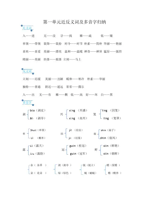 四年级语文下册第一单元近反义词及多音字归纳