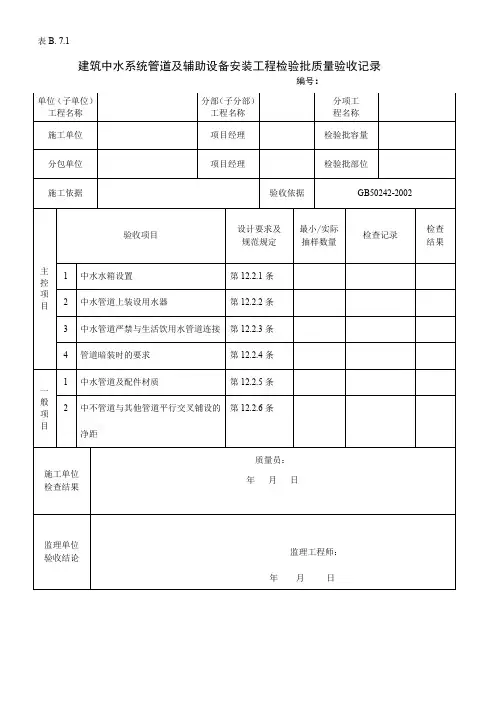 建筑中水系统管道及辅助设备安装工程检验批质量验收记录
