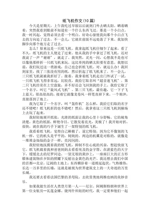 中小学精选纸飞机作文(10篇)