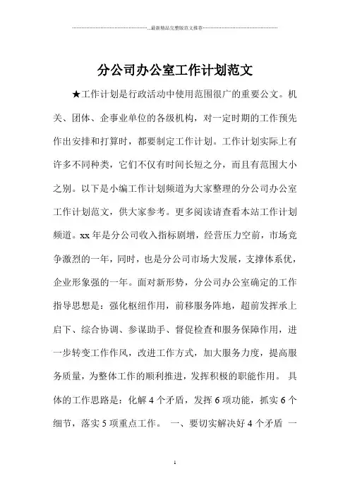 分公司办公室精品工作计划范文