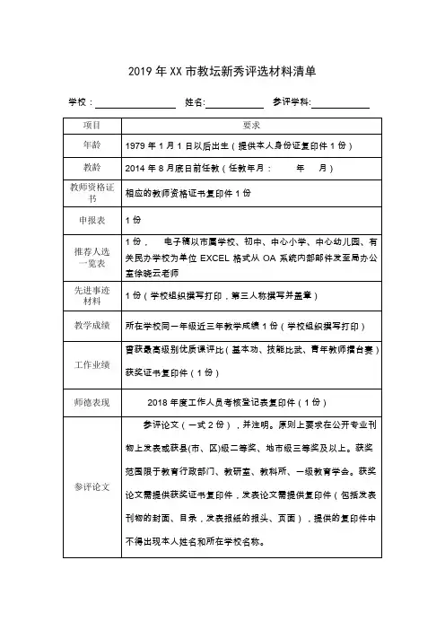2019年XX市教坛新秀评选材料清单【模板】