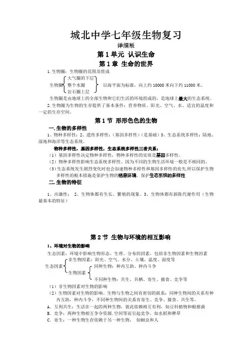北师大版七年级生物上册复习详细