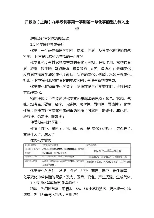 沪教版（上海）九年级化学第一学期第一章化学的魅力复习重点