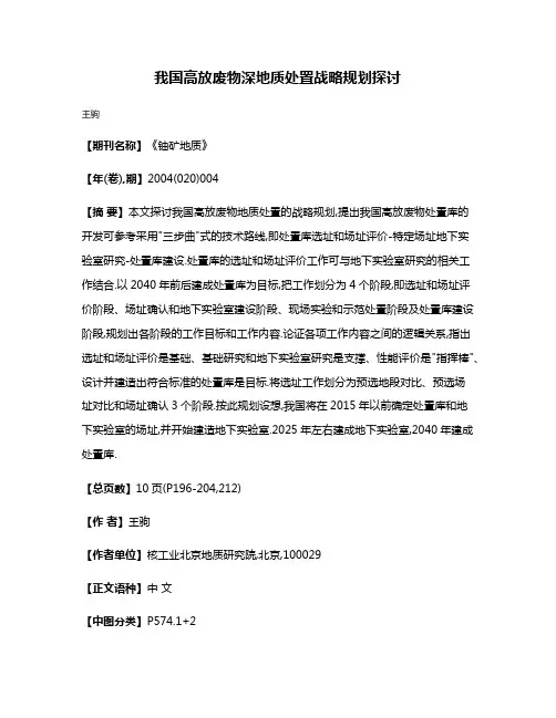 我国高放废物深地质处置战略规划探讨