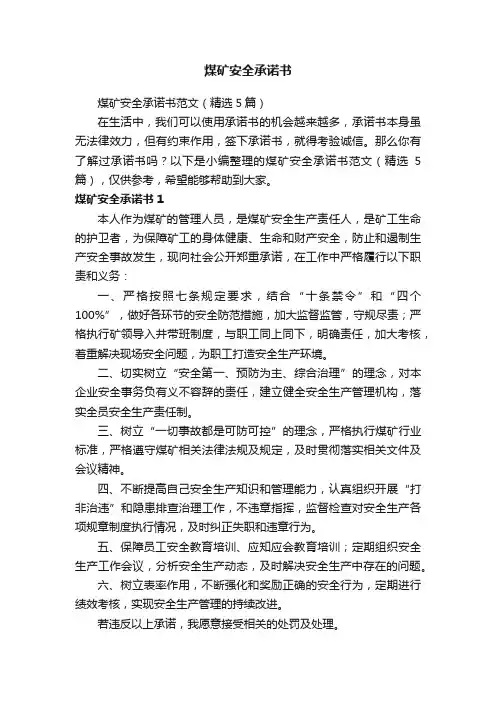 煤矿安全承诺书范文（精选5篇）