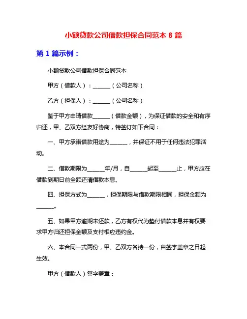 小额贷款公司借款担保合同范本8篇