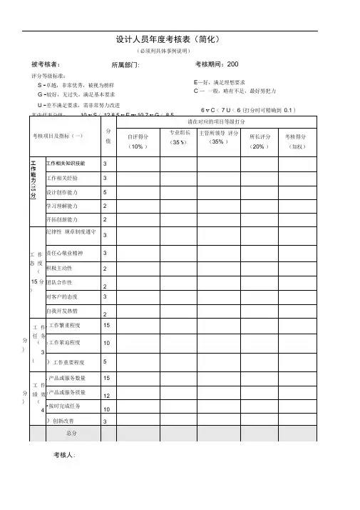 设计人员年度考核表简化