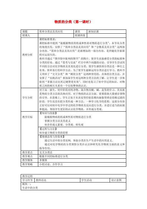 人教版高中化学必修一《物质的分类》教案