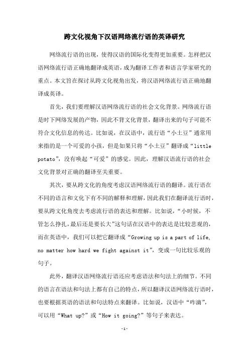 跨文化视角下汉语网络流行语的英译研究