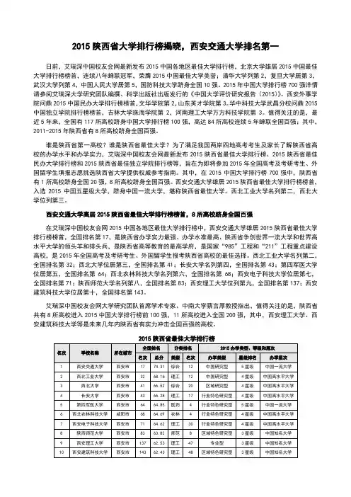 2015陕西省大学排行榜