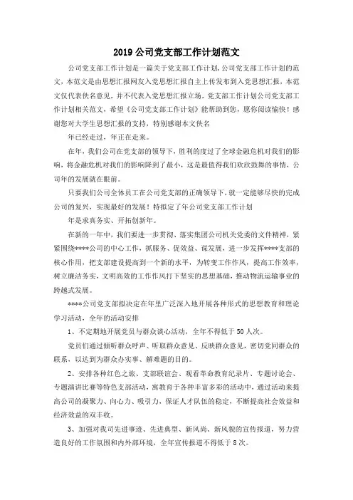 最新-2019公司党支部工作计划范文02019 精品