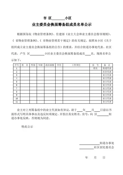 4业主委员会换届筹备组成员名单公示