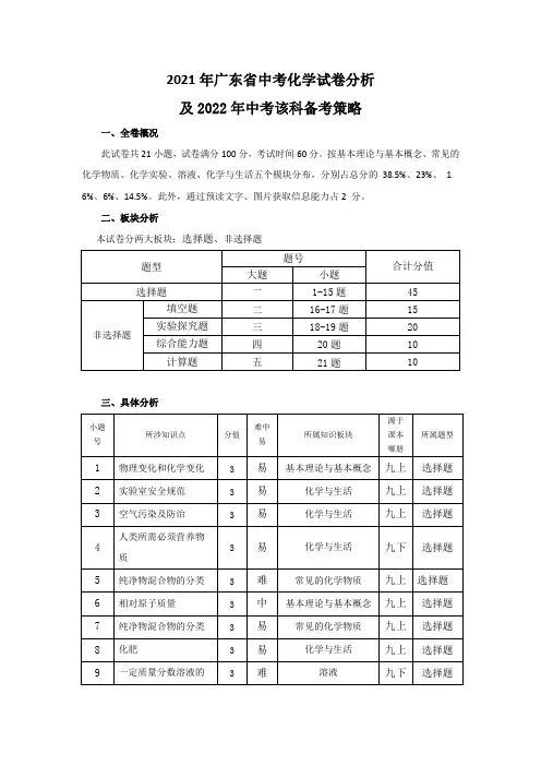 2021年广东省中考化学试卷分析及2022年中考备考策略