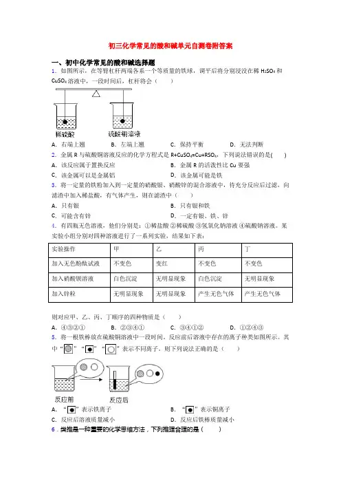 初三化学常见的酸和碱单元自测卷附答案