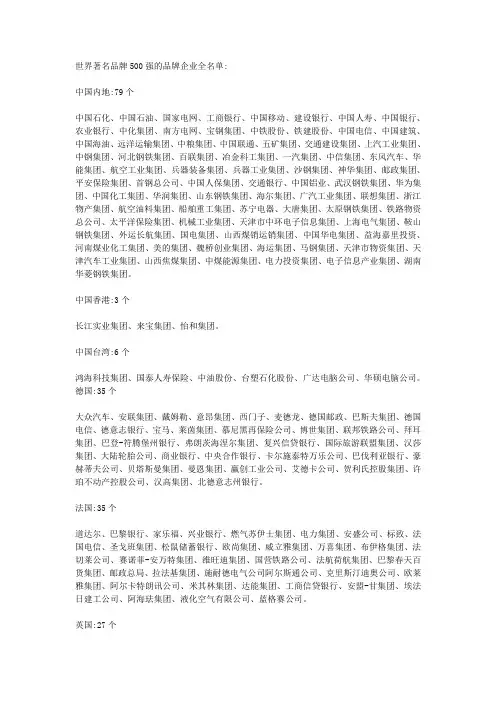 世界著名品牌500强的品牌企业全名单