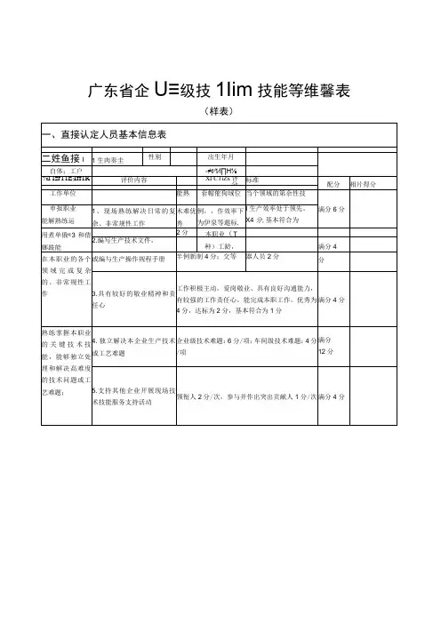 广东省企业高级技师职业技能等级评价表