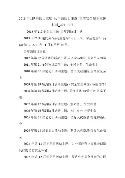 2013年119消防日主题 历年消防日主题 消防安全知识宣传材料_其它节日.doc