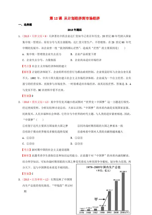 【备战2014】2007-2013年高考历史 真题按课汇编 第12课 从计划经济到市场经济 新人教版必修2