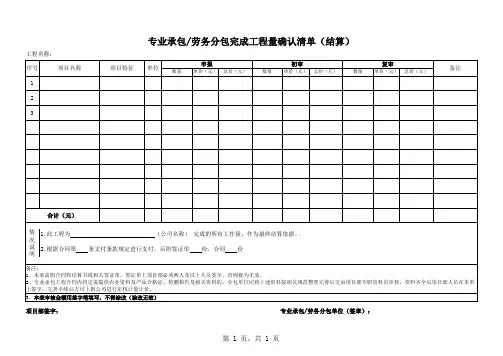 专业承包劳务分包完成工程量确认清单(结算)