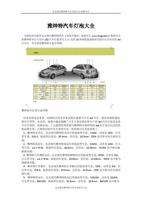 雅绅特汽车灯泡型号大全