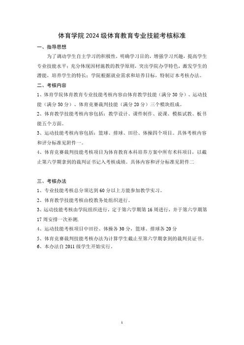 体育学院2024级体育教育专业技能考核标准