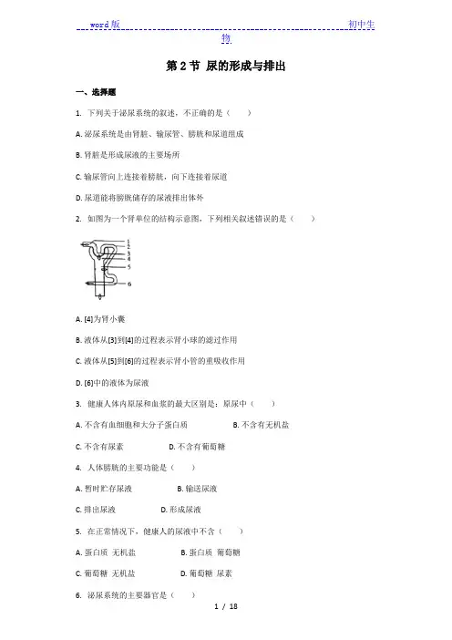 北师大版七年级生物下册 第4单元第11章第2节 尿的形成与排出 课后习题(带解析)