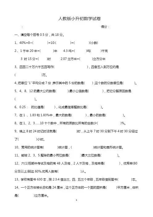 2018人教版小升初数学试卷及答案