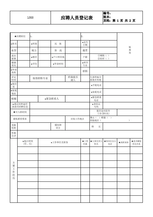 应聘人员登记表