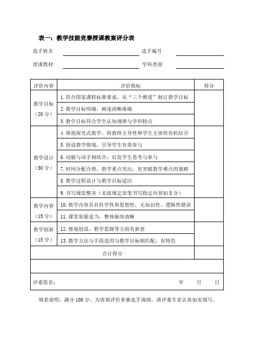 表一教学技能竞赛授课教案评分表