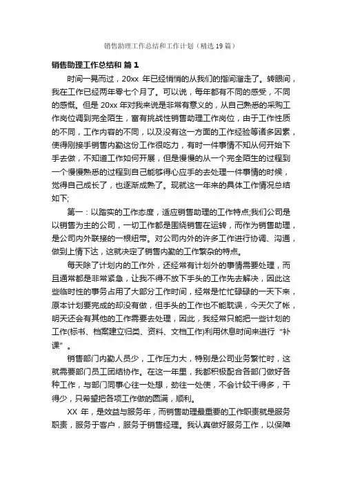 销售助理工作总结和工作计划（精选19篇）