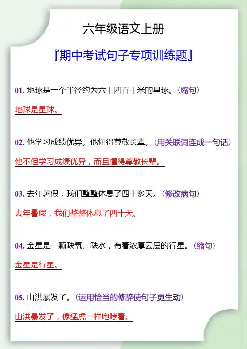 六年级语文上册期中考试句子专项训练题