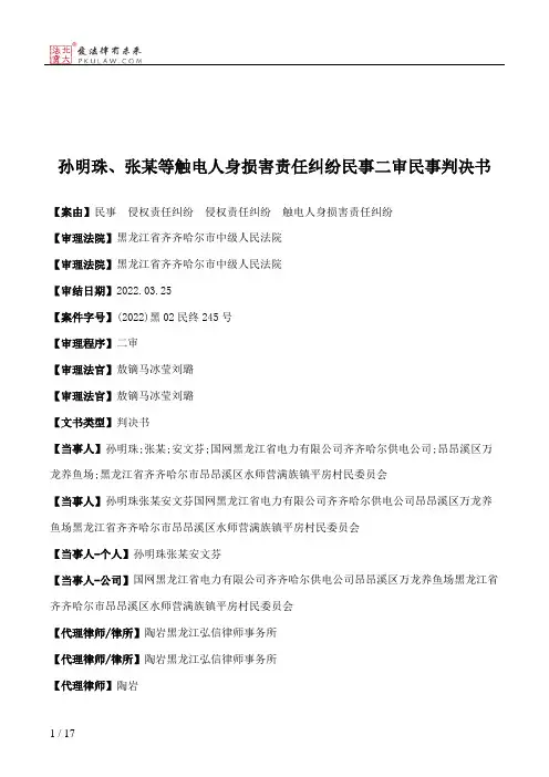 孙明珠、张某等触电人身损害责任纠纷民事二审民事判决书