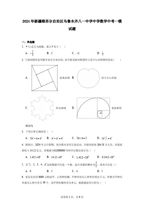 2024年新疆维吾尔自治区乌鲁木齐八一中学中学数学中考一模试题