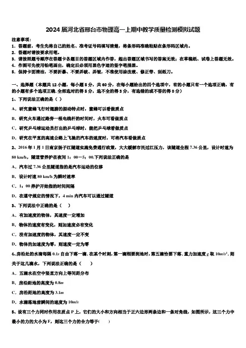 2024届河北省邢台市物理高一上期中教学质量检测模拟试题含解析