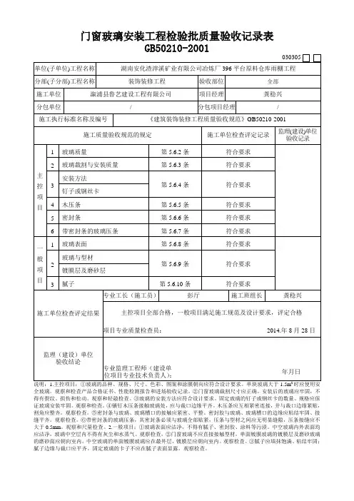 门窗门窗玻璃安装工程检验批质量验收记录表