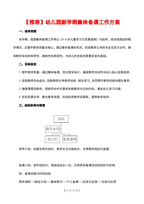 【推荐】幼儿园新学期集体备课工作方案