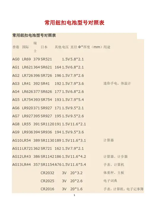 常用纽扣电池型号对照表