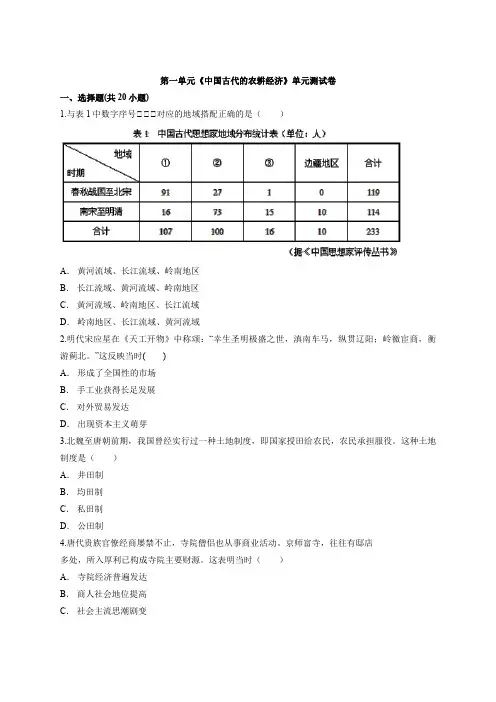 高中历史岳麓版本必修必修2第一单元《中国古代的农耕经济》单元测试卷