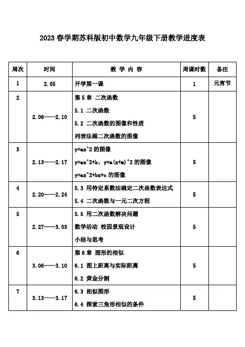 2023年春学期苏科版初中数学九年级下册教学进度表