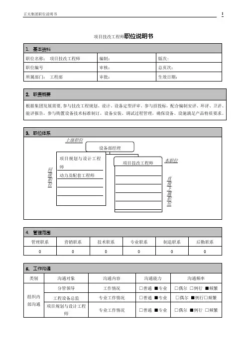 项目技改工程师职位说明书