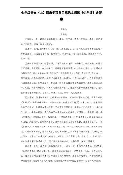 七年级语文(上)期末专项复习现代文阅读《少年读》含答案