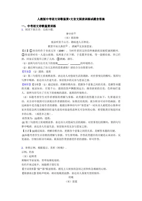 人教版中考语文诗歌鉴赏+文言文阅读训练试题含答案