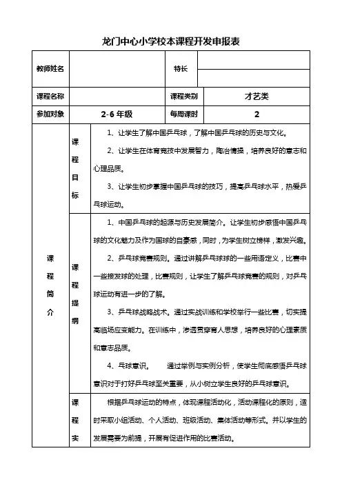 校本课程开发申报表及课程纲要(表样)