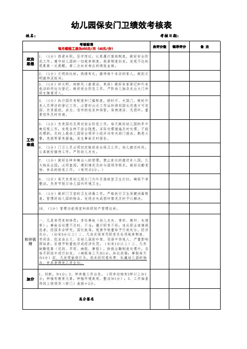 幼儿园保安门卫绩效考核表(新版)