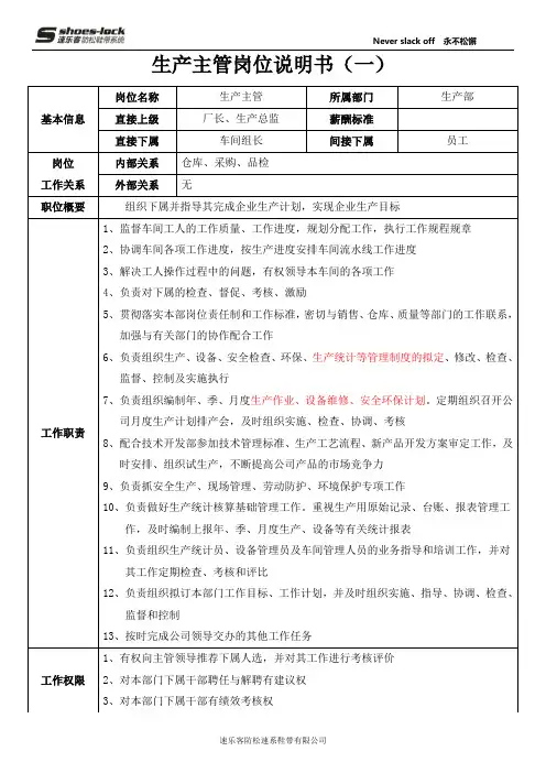 生产主管岗位说明书