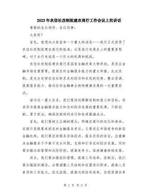 2023年农信社改制组建农商行工作会议上的讲话