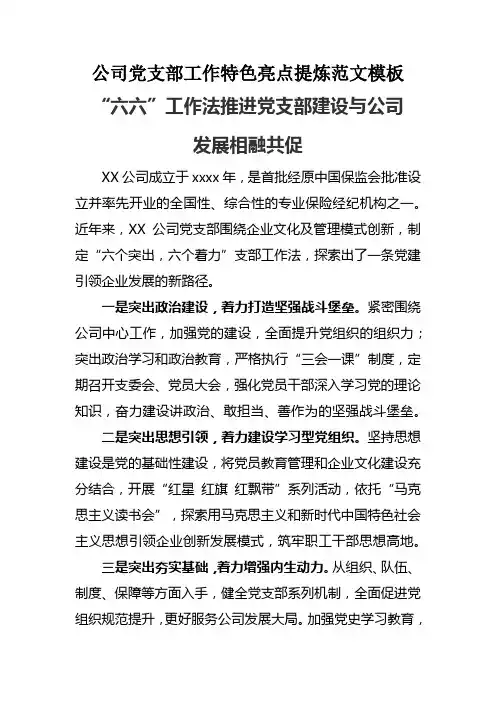 公司党支部工作特色亮点提炼范文模板