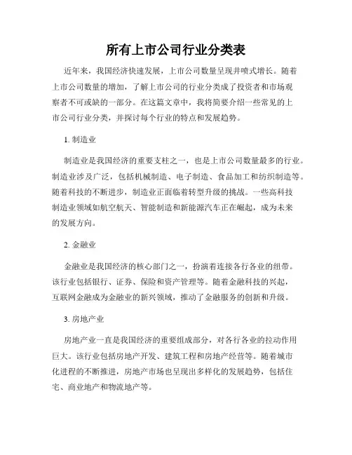 所有上市公司行业分类表